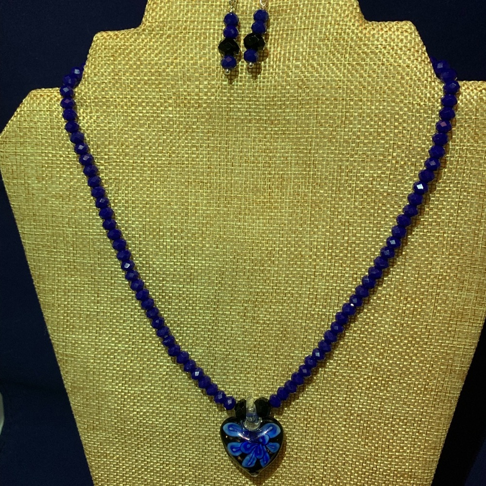 Black and Blue Glass Necklace and Earrings